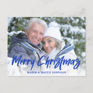 Blauw Modern Borstel Schrift Kerstmis Foto Feestdagenkaart