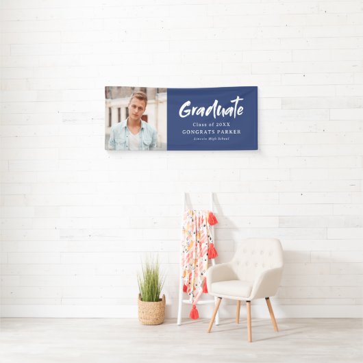 Blauw Modern Brush Script Foto Afstudeerfeest Spandoek (Insitu)