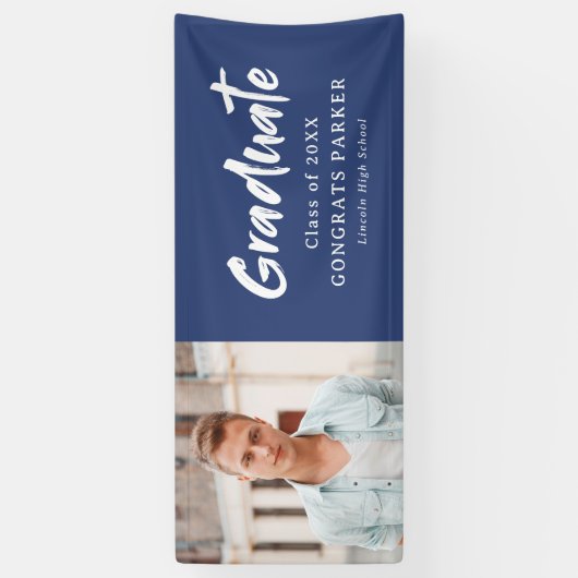 Blauw Modern Brush Script Foto Afstudeerfeest Spandoek (Verticaal)