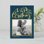 Blauw Modern Calligraphy Foto Prettig Kerstmis Fol Folie Feestdagenkaart (Staand Voorkant)