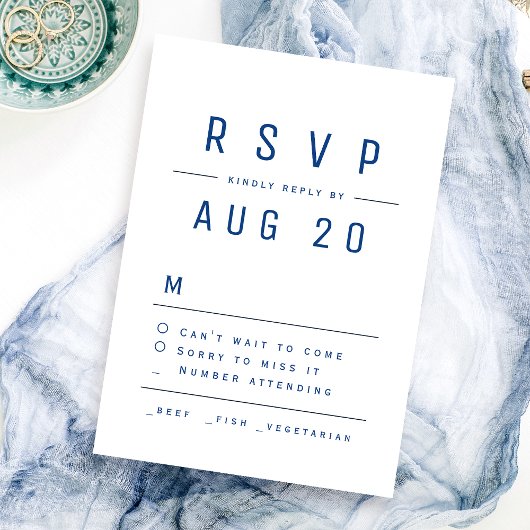 Blauw Modern Chic Eenvoudige Typografie Bruiloft RSVP Kaartje