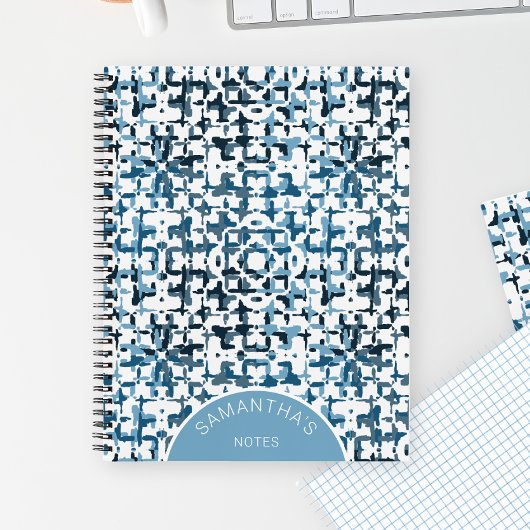 Blauw Modern Chic Patroon Gepersonaliseerde Naam E Notitieboek