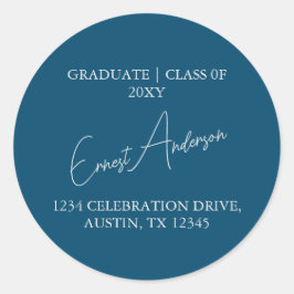 Blauw Modern Eenvoudig Afstuderen Terugkeeradresze Ronde Sticker