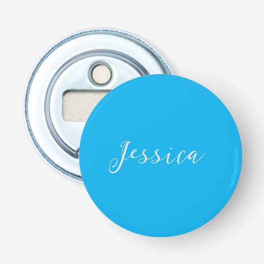 Blauw Modern Eenvoudig Elegant Professioneel Naam Button Flesopener (Voorkant)