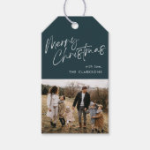 Blauw Modern Eenvoudig Script Foto Vrolijk Kerstfe Cadeaulabel (Voorkant)