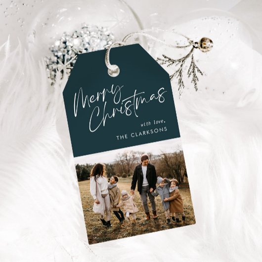 Blauw Modern Eenvoudig Script Foto Vrolijk Kerstfe Cadeaulabel