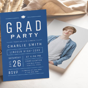 Blauw modern eenvoudig typografie afstudeerfeest kaart