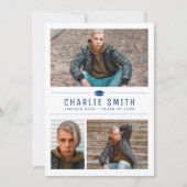 Blauw Modern Eenvoudige Typografie 3 Foto Afstuder Kaart (Voorkant)