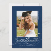 Blauw Modern Elegant Script Photo Afstuderen Aankondiging (Voorkant)