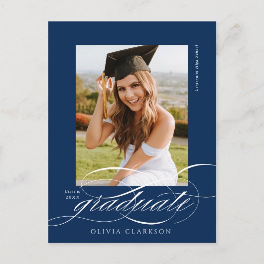 Blauw Modern Elegant Script Photo Graduation Party Briefkaart (Voorkant)