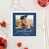 Blauw Modern Elegant Script Photo Graduation Party Servet (Insitu)