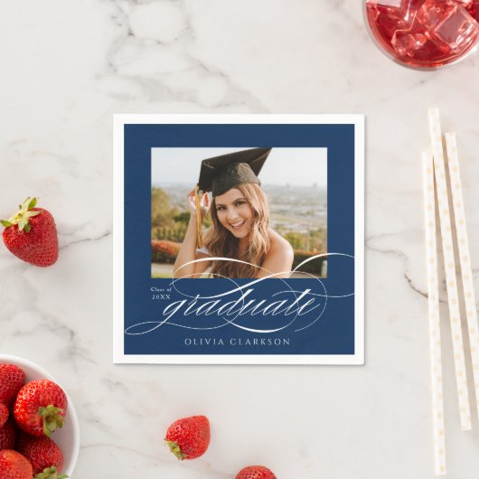 Blauw Modern Elegant Script Photo Graduation Party Servet (Insitu)