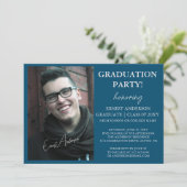 Blauw Modern Foto Afstuderen Afstudeerfeest Kaart (Staand voorkant)