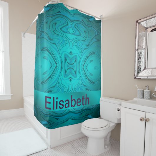 blauw, modern gebogen patroon met verschillende fr douchegordijn (In situ)