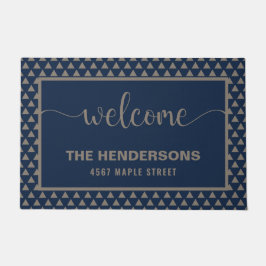 Blauw Modern Gepersonaliseerde Familienaam Welkom Deurmat
