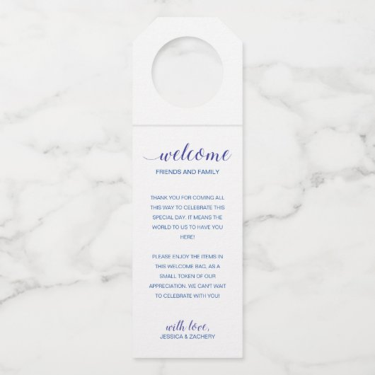 Blauw Modern geschenkmand Welkom op bruiloft Flessenhanger (Voorkant)