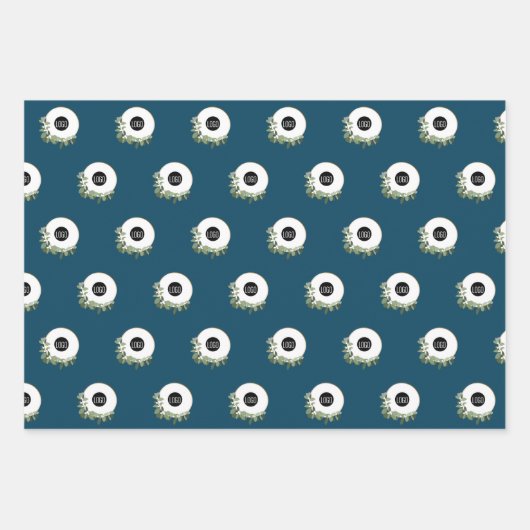 Blauw modern krans aangepast bedrijf logo inpakpapier vel (Voorkant)