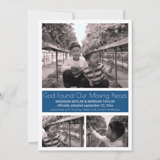 Blauw Modern Minimalistisch Kind Adoptie 3 Foto Aankondiging (Voorkant)