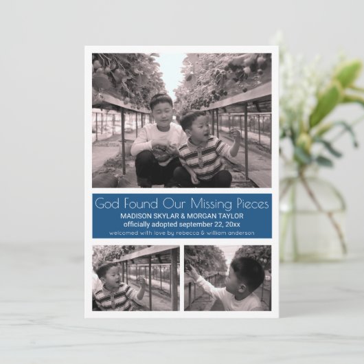 Blauw Modern Minimalistisch Kind Adoptie 3 Foto Aankondiging (Staand voorkant)