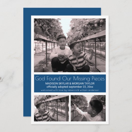 Blauw Modern Minimalistisch Kind Adoptie 3 Foto Aankondiging (Voorkant / Achterkant)