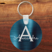 Blauw Modern Nep RVS Monogram Sleutelhanger (Voorkant)