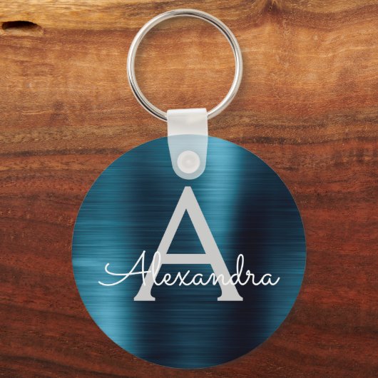 Blauw Modern Nep RVS Monogram Sleutelhanger (Voorkant)