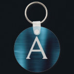 Blauw Modern Nep RVS Monogram Sleutelhanger<br><div class="desc">Moderne en Elegante Blauwe Nep RVS Metalen Elegante Sleutelhanger. Deze sleutelhangers kunnen worden aangepast met uw initiaal en voornaam. Deze sleutelhangers zijn een leuke herinnering voor verjaardagsfeestjes,  bruidsjonkerfeesten of vrijgezellenfeesten.</div>
