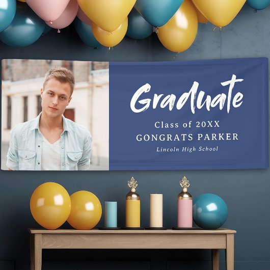 Blauw modern penseel schrift foto afstudeerfeest spandoek