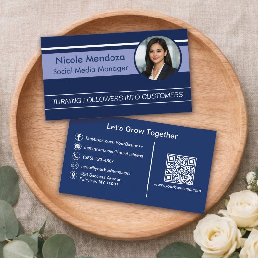 Blauw Modern Professioneel Aangepaste Foto & QR-co Visitekaartje