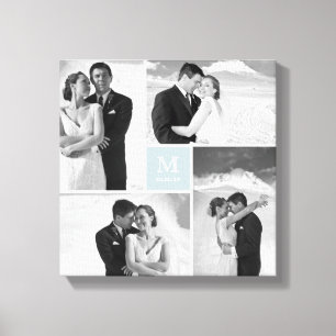 Blauw modern raster monogram trouwfoto collage 4 canvas afdruk