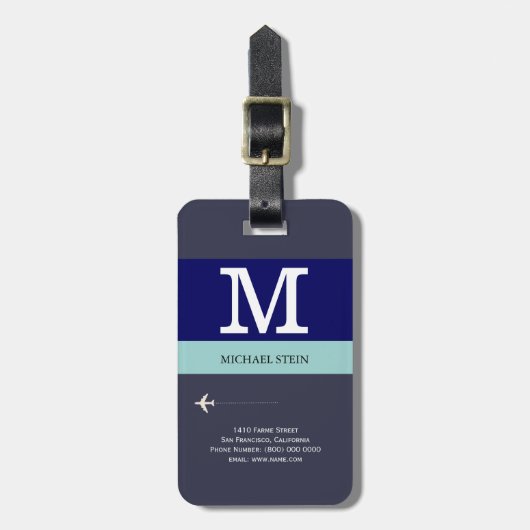 Blauw & modern reismonogram bagagelabel (Voorkant verticaal)