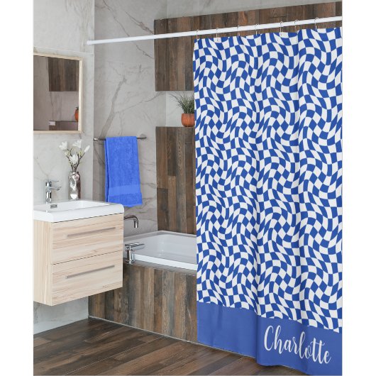 Blauw modern retro spiraal geruit aangepaste naam douchegordijn