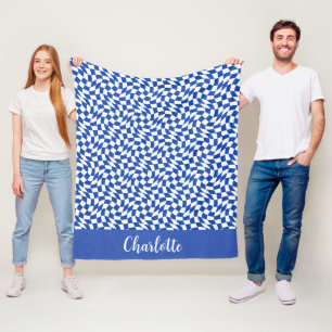 Blauw modern retro spiraal geruit aangepaste naam fleece deken