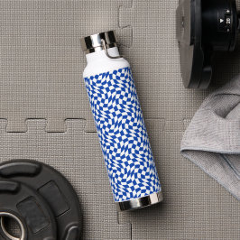 Blauw modern retro spiraal schaakbordpatroon waterfles