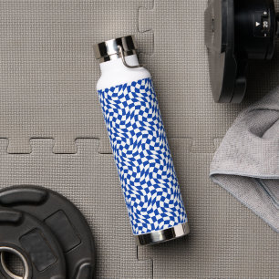 Blauw modern retro spiraal schaakbordpatroon waterfles