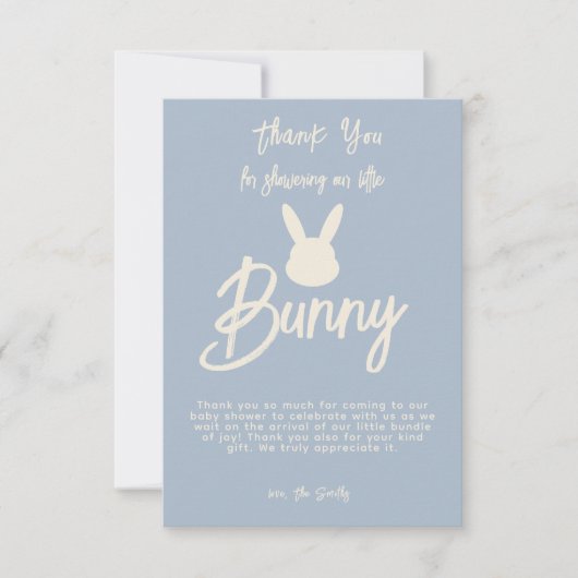 Blauw Modern Schattige Script Bunny Baby shower Bedankkaart (Voorkant)