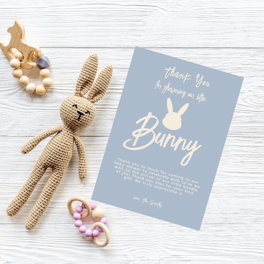 Blauw Modern Schattige Script Bunny Baby shower Bedankkaart
