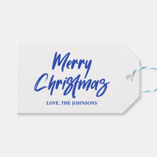 Blauw Modern Schrift Borstel Prettig Kerstfeest Cadeaulabel