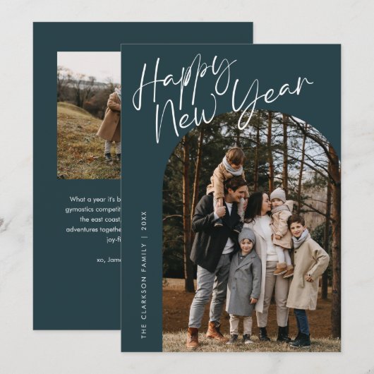 Blauw modern schrift Gelukkig Nieuwjaar Boog 2 Fot Feestdagenkaart (Voorkant / Achterkant)