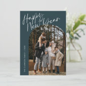 Blauw modern schrift Gelukkig Nieuwjaar Boog 2 Fot Feestdagenkaart (Staand voorkant)