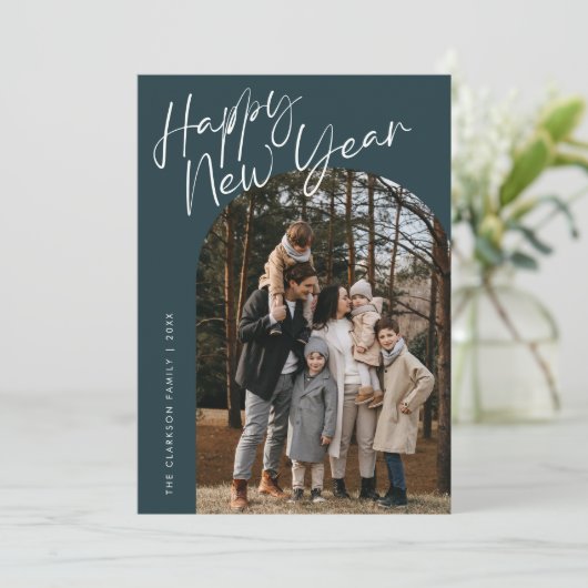 Blauw modern schrift Gelukkig Nieuwjaar Boog 2 Fot Feestdagenkaart (Staand voorkant)