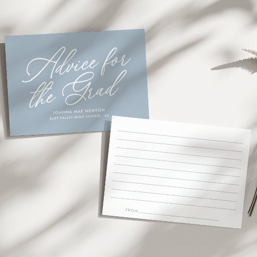 Blauw modern script afstuderen advieskaart