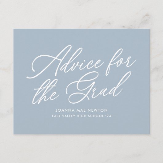 Blauw modern script afstuderen advieskaart (Voorkant)