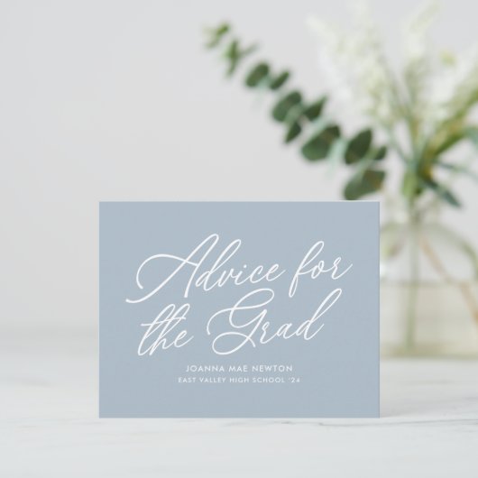 Blauw modern script afstuderen advieskaart (Staand voorkant)
