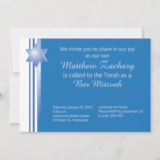 Blauw Modern Star Bar Mitzvah Kaart (Voorkant)