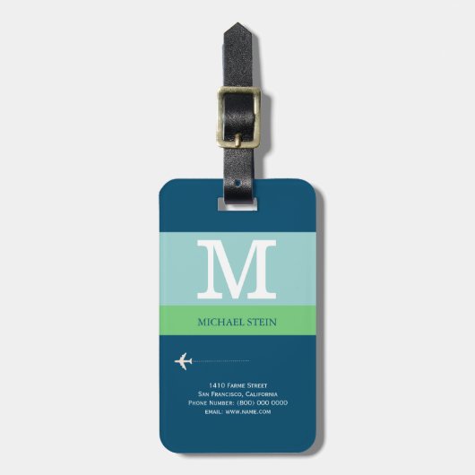 Blauw Modern Travel Monogram Bagagelabel (Voorkant verticaal)