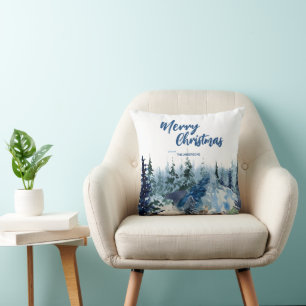 Blauw Modern Vrolijk Kerstbomen bos regenherten Kussen