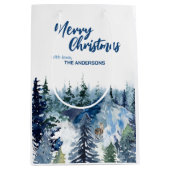 Blauw Modern Vrolijk Kerstbomen bos regenherten Medium Cadeauzakje (Voorkant)