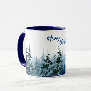 Blauw Modern Vrolijk Kerstbomen bos regenherten Mok