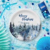 Blauw Modern Vrolijk Kerstbomen bos regenherten Papieren Bordje (Feest)